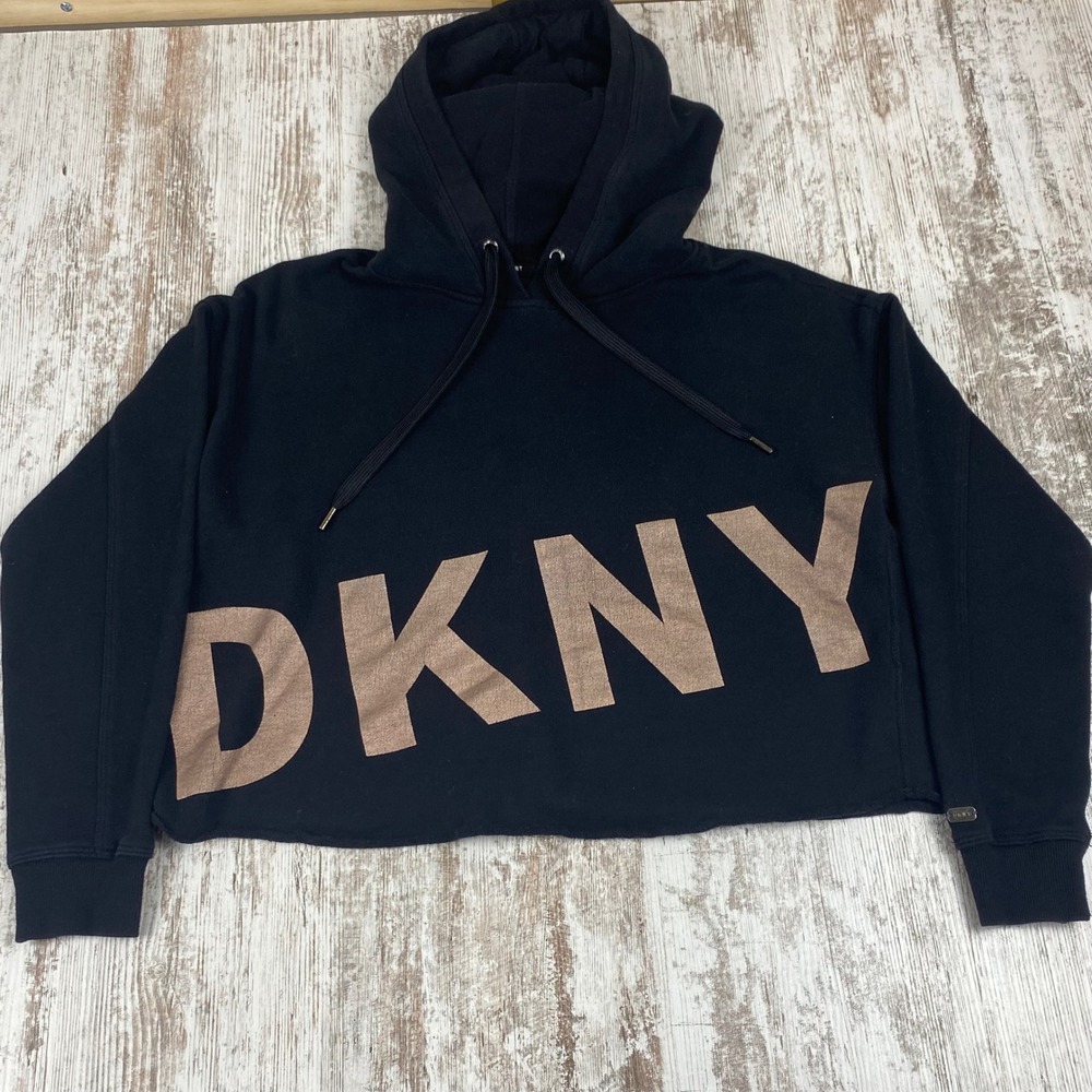DKNY Sport Womens Medium Cropped Hoodie Black Gold Logo Fleece Boxy Pullover
